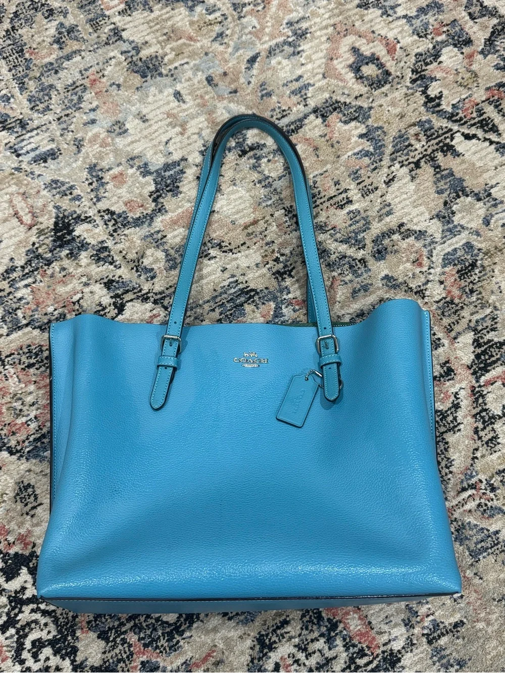 Coach Mollie Tote in Pebbled Leather – Blue with Green Large tote 1671